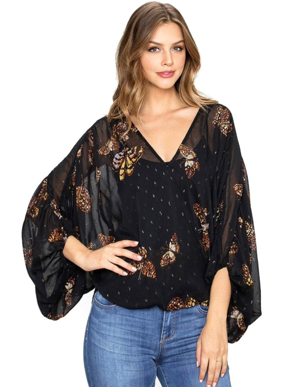 Lovestitch Butterfly Women's Boho Floral Butterfly V-Neck Surplice Blouse